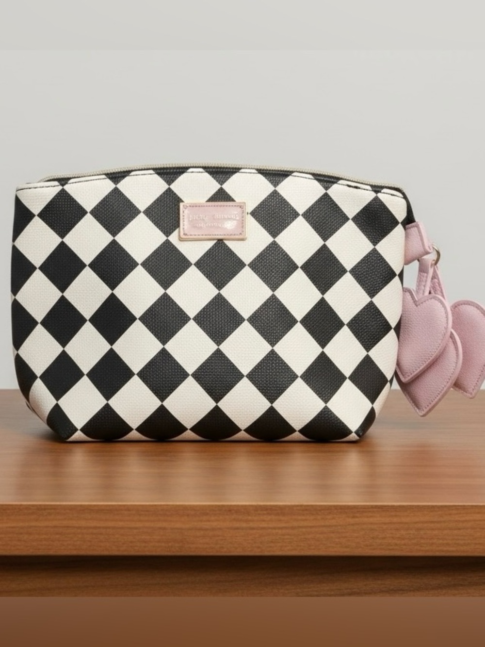NWOT RARE Discontinued Betsey Johnson Harlequin/Checkered Bag 3 Pink Heart Charm